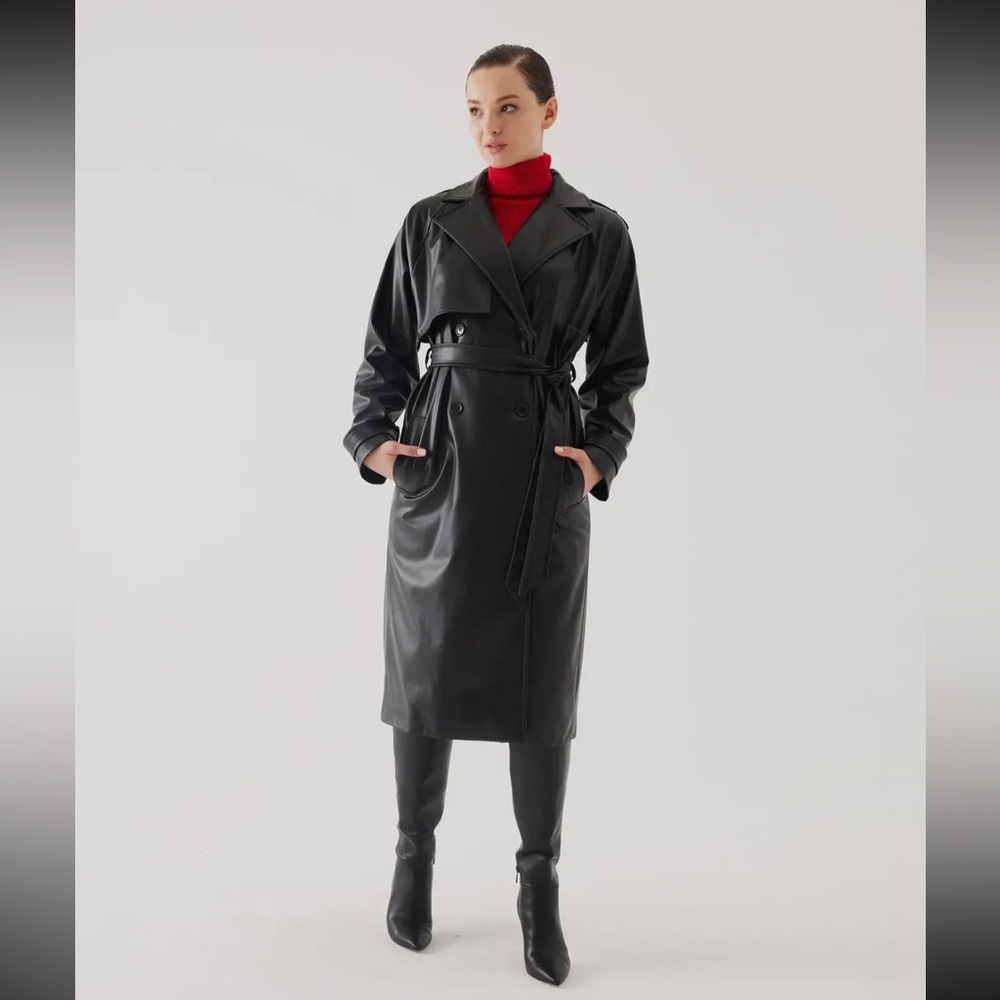 Fabulous Black Leather Vegan Trench Coat With Detail